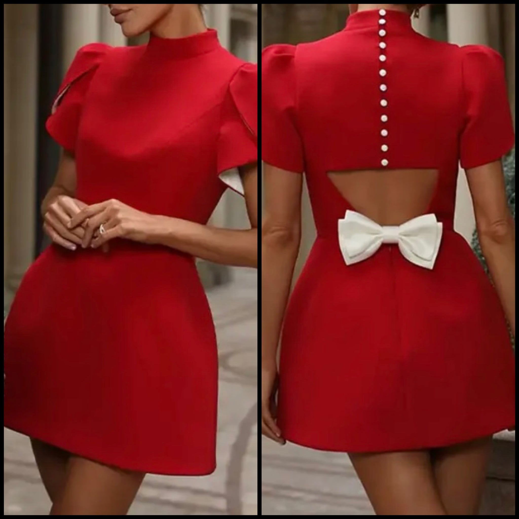 Women Red Short Sleeve Back Button Bow Sexy Dress