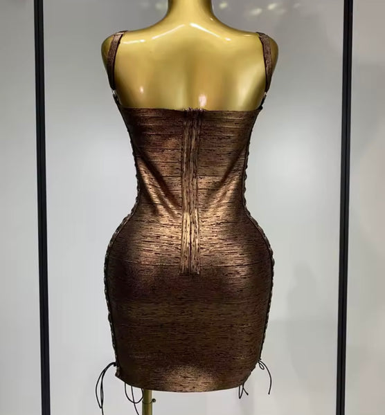 Women Sexy Sleeveless Lace Up Side Metallic Bandage Dress