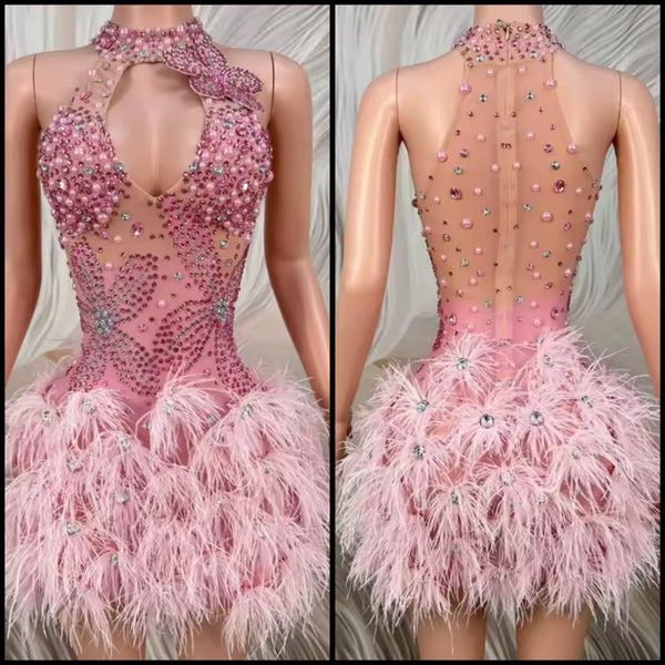 Women Sexy Pink Sleeveless Rhinestone Feather Dress