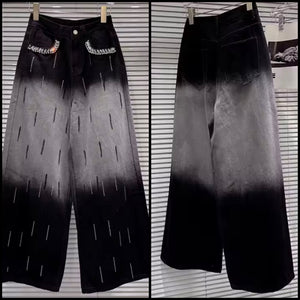 Women Fashion Gradient Rhinestone Denim Wide Leg Pants