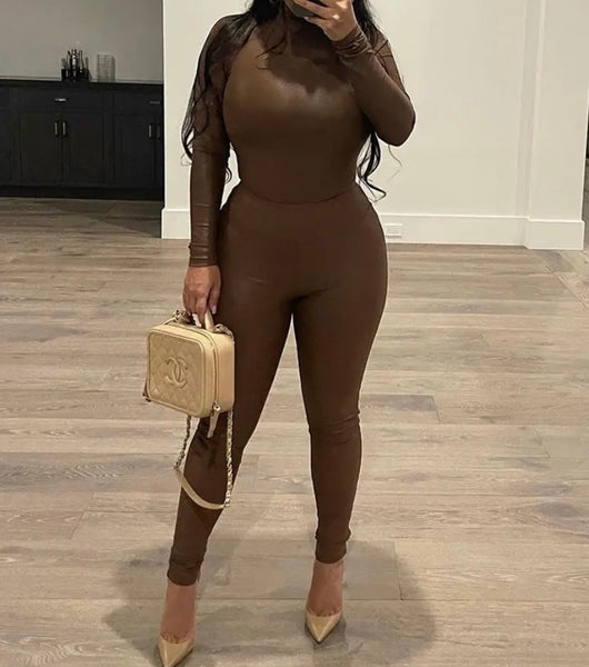 Women PU Turtleneck Full Sleeve Fashion Two Piece Pant Set