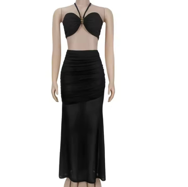 Women Sexy Halter Strapless Ruched Mesh Two Piece Maxi Skirt Set