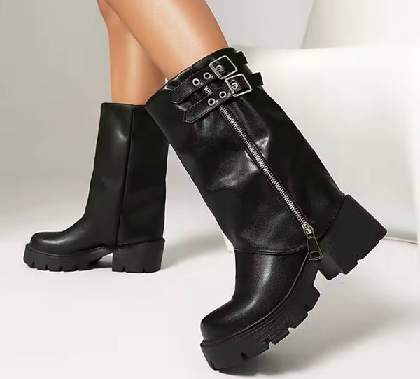 Women Black Zipper Double Buckle Fashion Ankle Boots