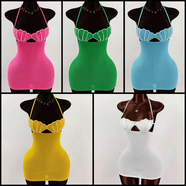 Women Sexy Sleeveless Pearl Halter Crochet Dress