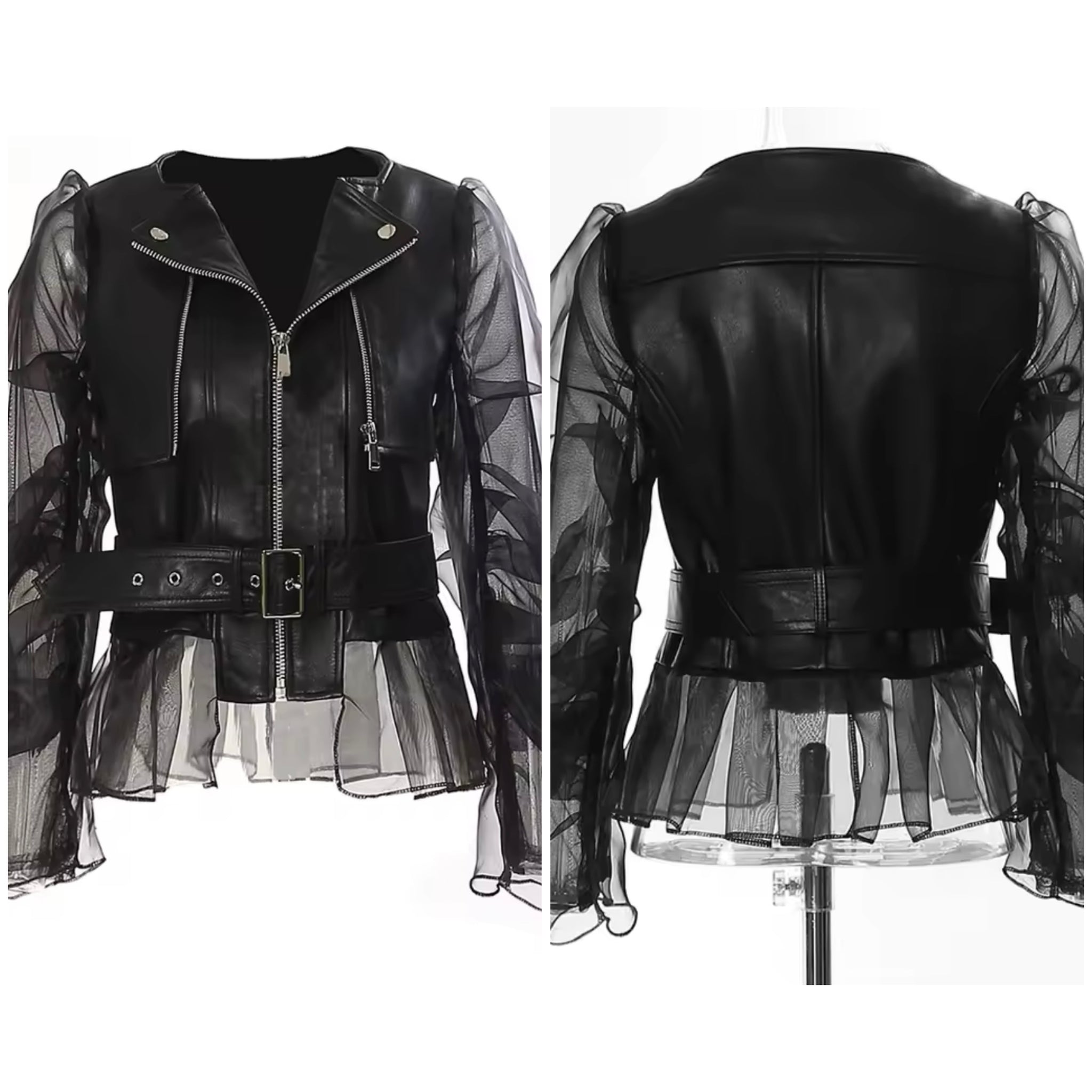 Women Fashion Black Mesh Faux Leather Buckled Jacket