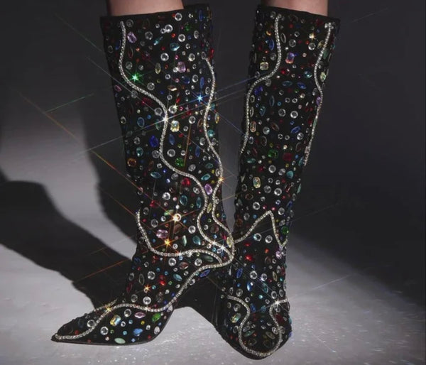 Women Fashion Black Color Crystal Knee High Boots