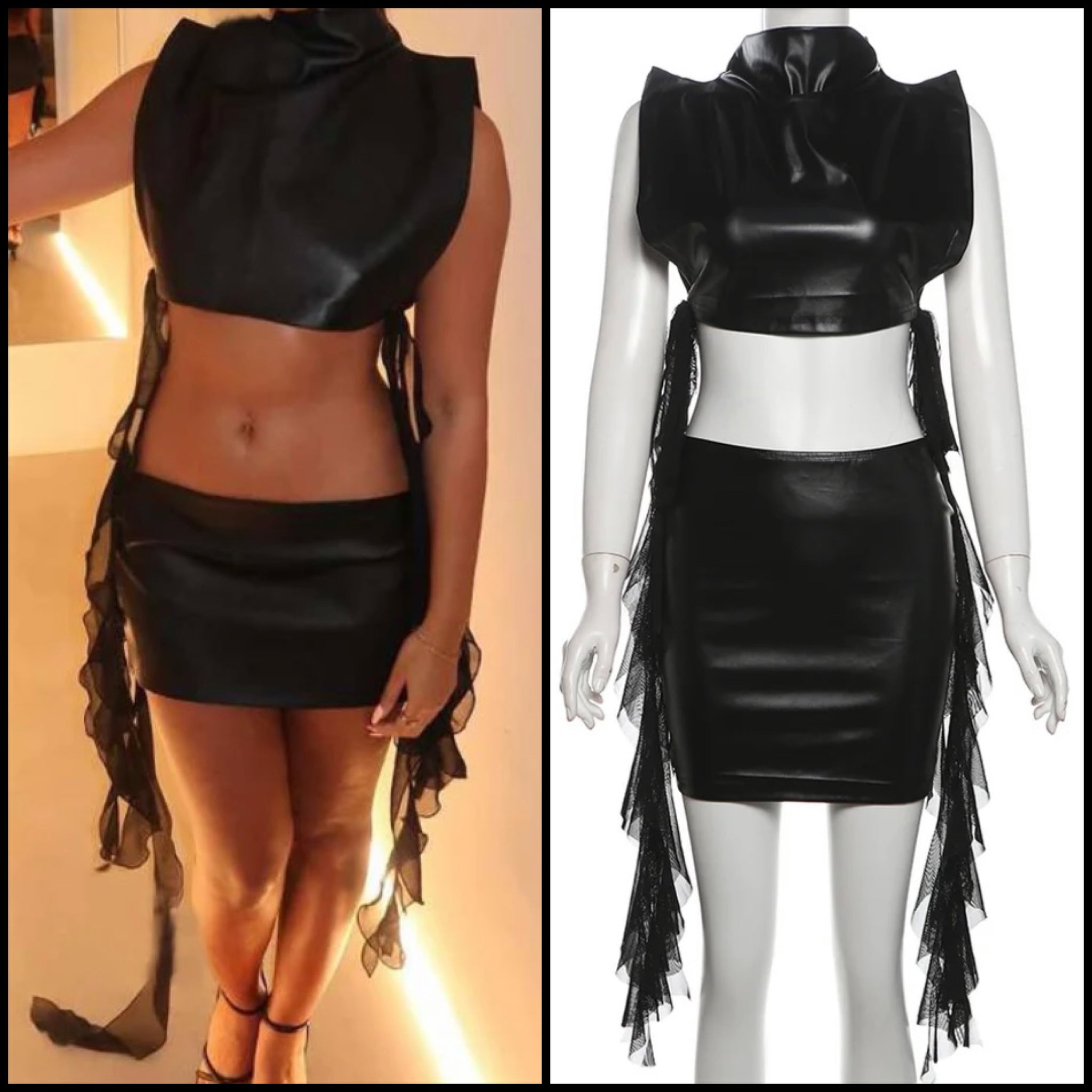 Women Sexy Sleeveless Black Tassel Two Piece PU Skirt Set