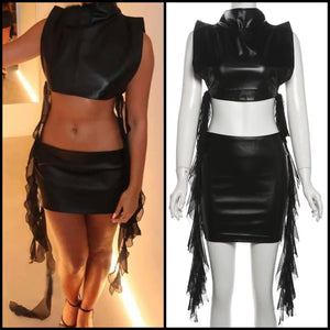 Women Sexy Sleeveless Black Tassel Two Piece PU Skirt Set