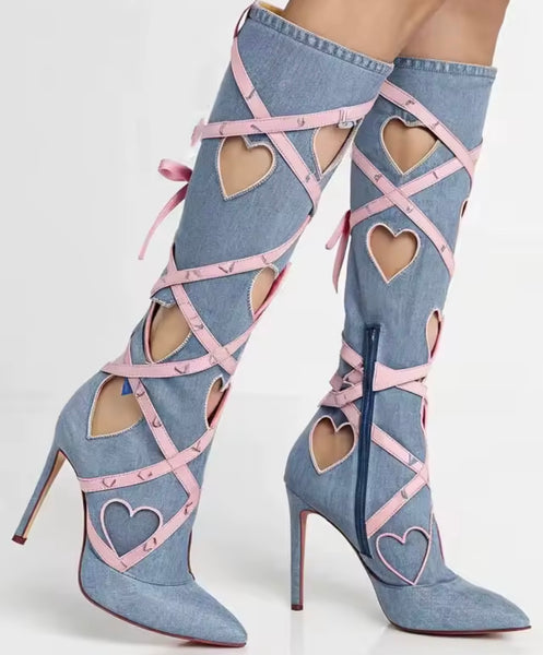 Women Fashion Denim Heart Bling Knee High Boots