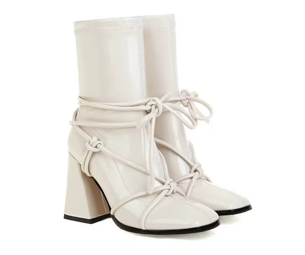 Women Fashion Color Patent Leather Lace Up Ankle Boots