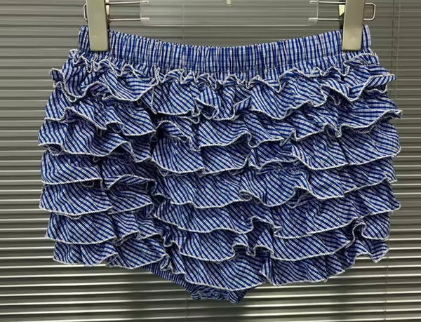 Women Fashion Blue Plaid Button Up Full Sleeve Ruffled Two Piece Short Set