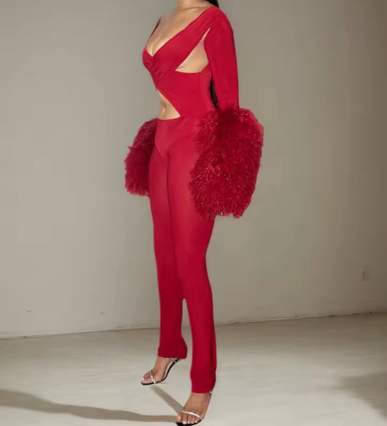 Women Sexy Fur Full Sleeve Cut Out Jumpsuit