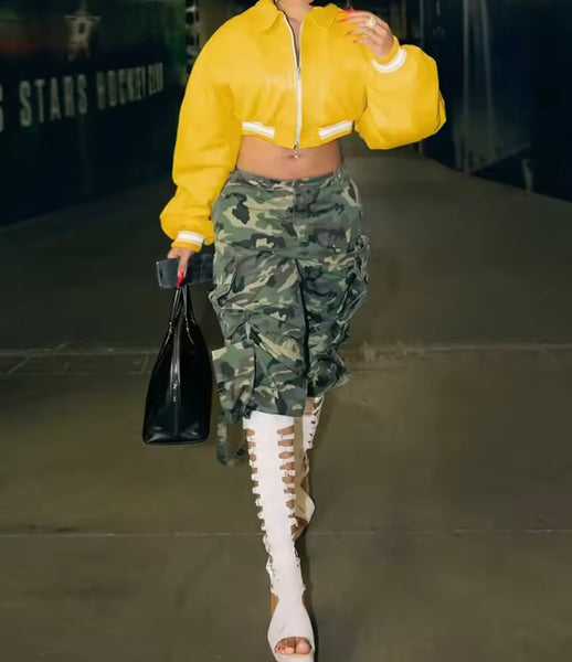Women Fashion Yellow Letter Print Faux Leather Crop Jacket