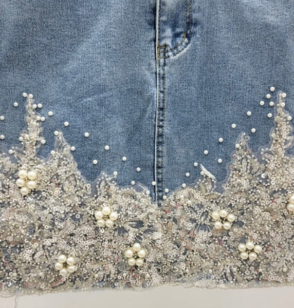 Women Fashion Pearl Bling Denim Skirt