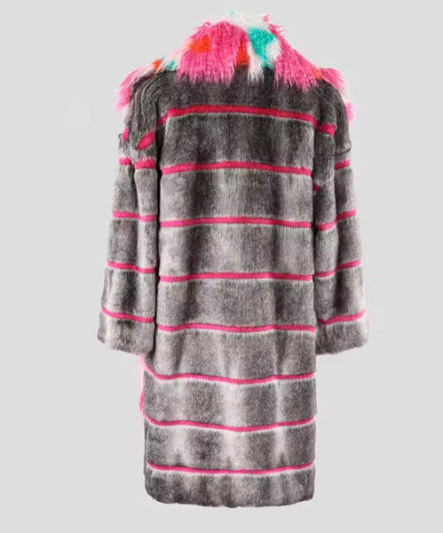 Women Multicolored Striped Fashion Faux Fur Jacket