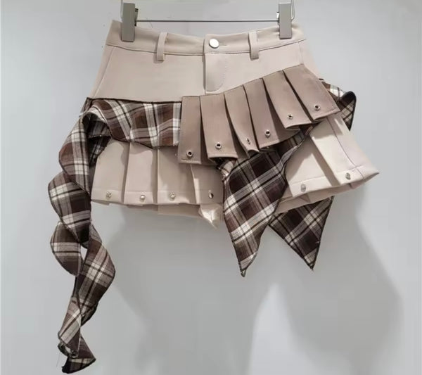 Women Color Patchwork Plaid Pleated Fashion Skirt