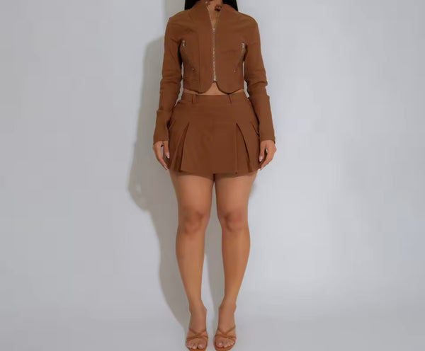 Women Zip Up Full Sleeve Fashion Two Piece Pleated Skirt Set