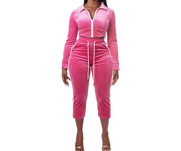 Women Velour Striped Zip Up Two Piece Capri Pant Set