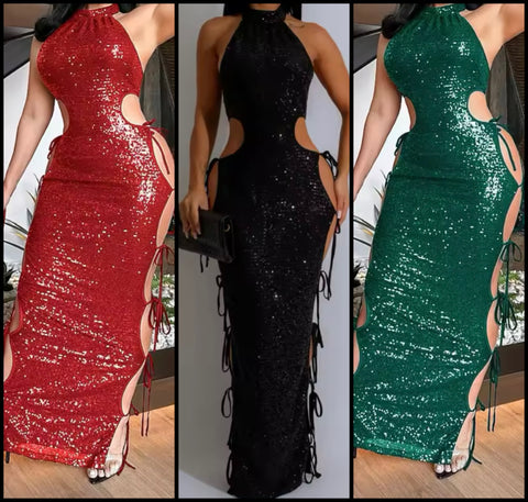 Women Sexy Sleeveless Sequins Color Cut Out Maxi Dress