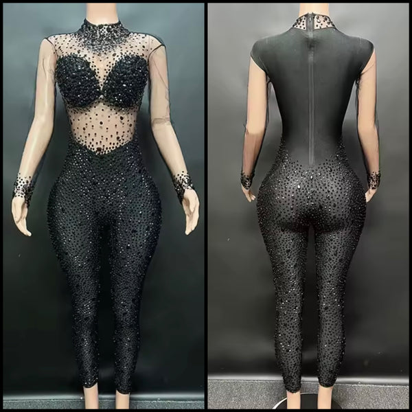 Women Sexy Fashion Bling Crystal Mesh Full Sleeve Jumpsuit