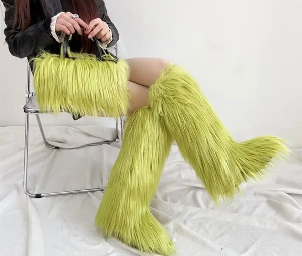 Women Fashion Color Faux Fur Knee High Boots Purse Set