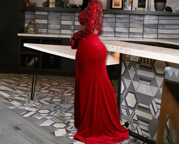Women Sexy Sequins Full Sleeve Crop Two Piece Velour Skirt Set