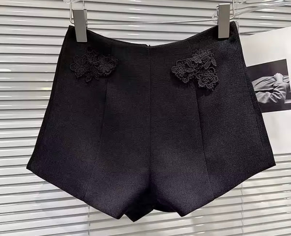Women Black Pleated Lace Bow Sleeveless Two Piece Short Set