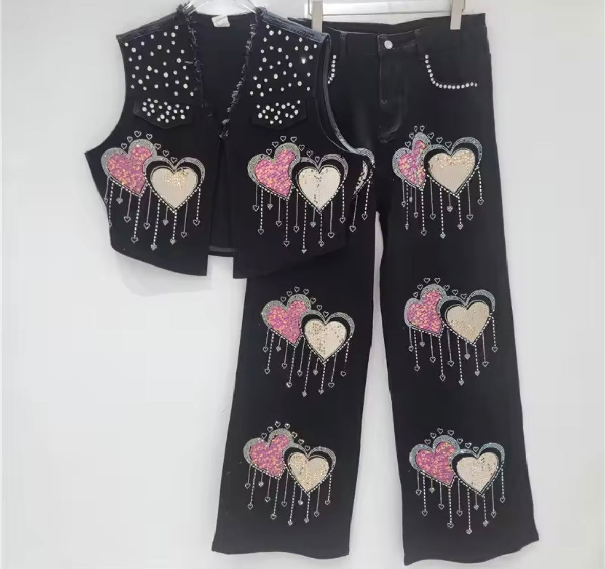Women Sleeveless Rhinestone Sequins Heart Denim Two Piece Pant Set