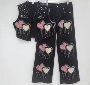Women Sleeveless Rhinestone Sequins Heart Denim Two Piece Pant Set