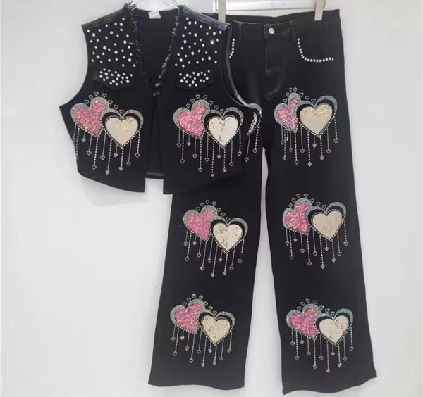 Women Sleeveless Rhinestone Sequins Heart Denim Two Piece Pant Set