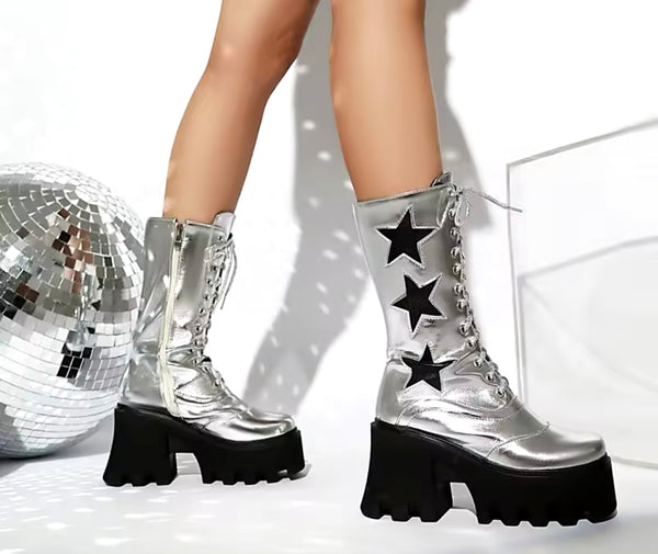 Women Fashion Faux Leather Star Lace Up Platform Boots