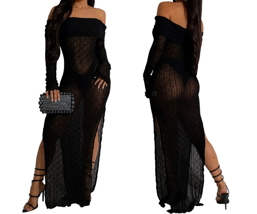 Women Sexy See Through Off The Shoulder Mesh Maxi Dress