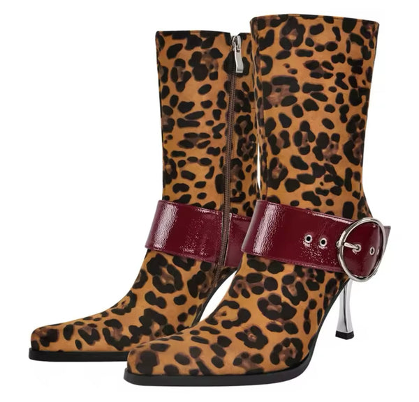 Women Fashion Leopard Suede PU Buckled Ankle Boots
