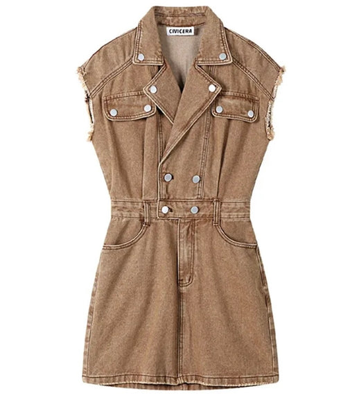Women Sexy Fashion Button Sleeveless Denim Dress
