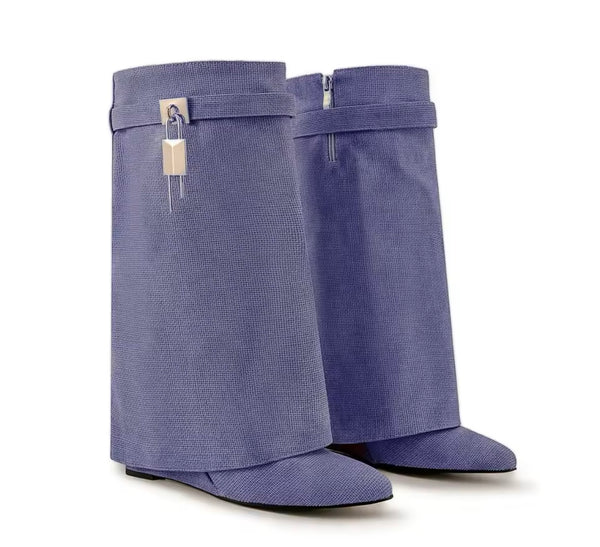 Women Color Fashion Buckled Lock Platform Wedge Boots