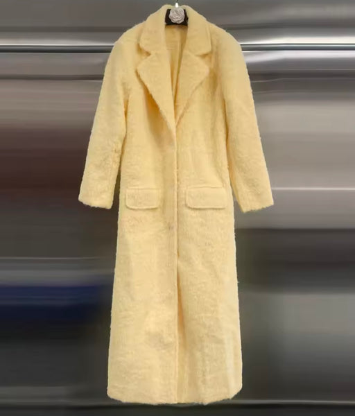 Women Yellow Fashion Furry Long Jacket Two Piece Skirt Set