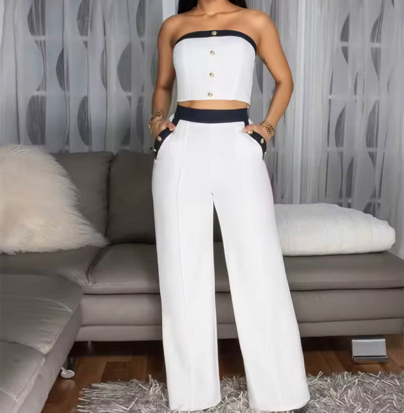 Women Sexy Button Up Strapless Color Patchwork Two Piece Pant Set