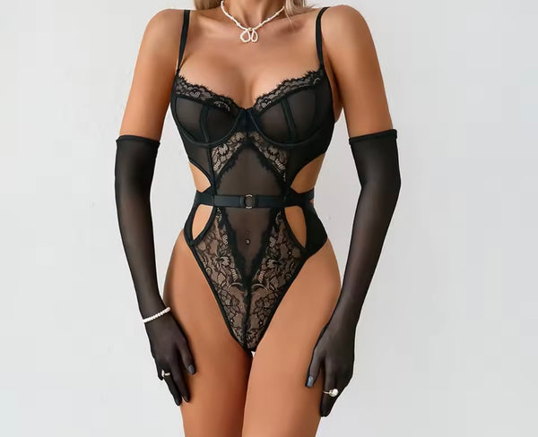 Women Sexy Lace Mesh Glove Bodysuit Lingerie Set