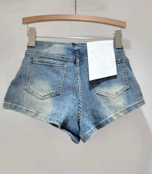 Women Fashion Pocket Rhinestone Tassel Denim Shorts