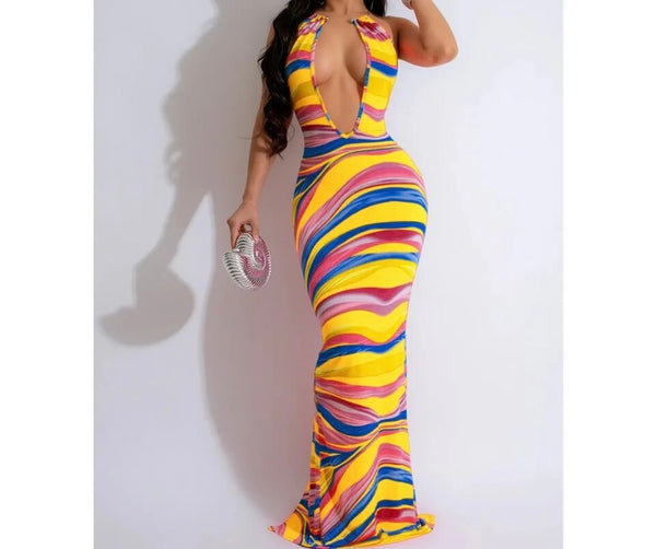 Women Sexy Sleeveless Metal Halter Multicolored Maxi Dress