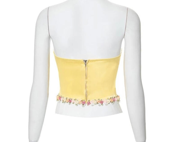 Women Sexy Yellow Floral Strapless Corset Top
