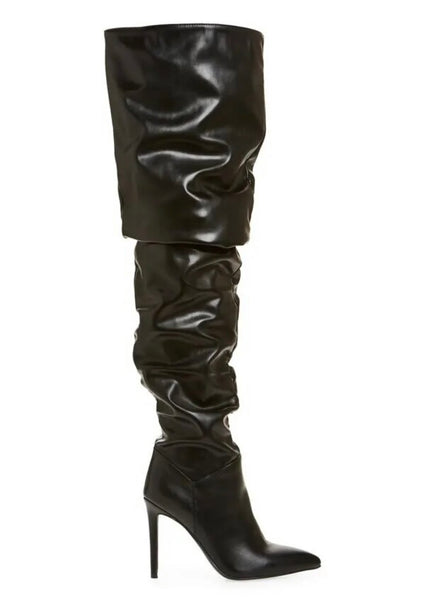 Women Faux Leather Ruched Over The Knee Fashion High Heel Boots