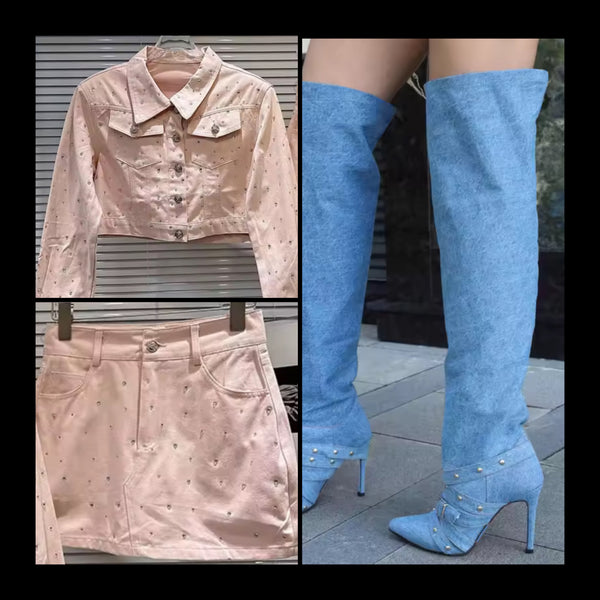 Women Fashion Denim Rivet Buckled High Heel Knee Length Boots