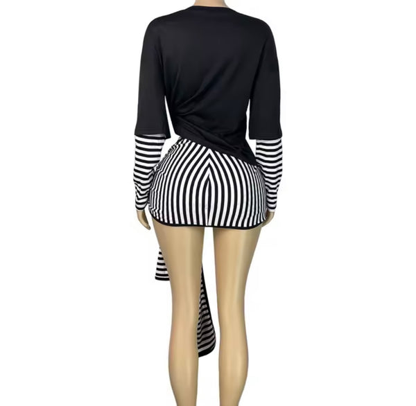Women Color Striped Full Sleeve Fashion Two Piece Wrap Skirt Set