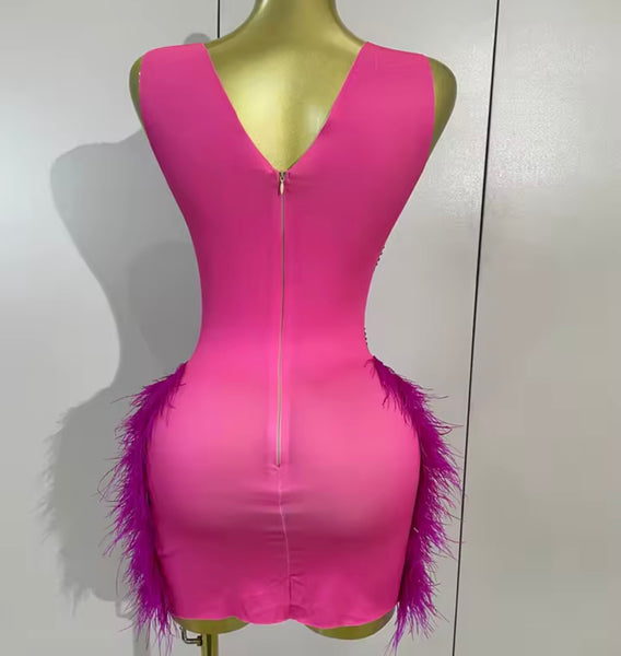 Women Sexy Sleeveless Pink Feather Rhinestone Dress