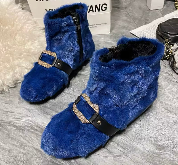 Women Fashion Bling Buckled Faux Fur Ankle Boots