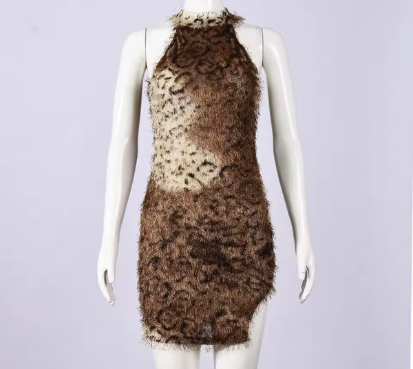 Women Sexy Sleeveless Furry Leopard Print Dress