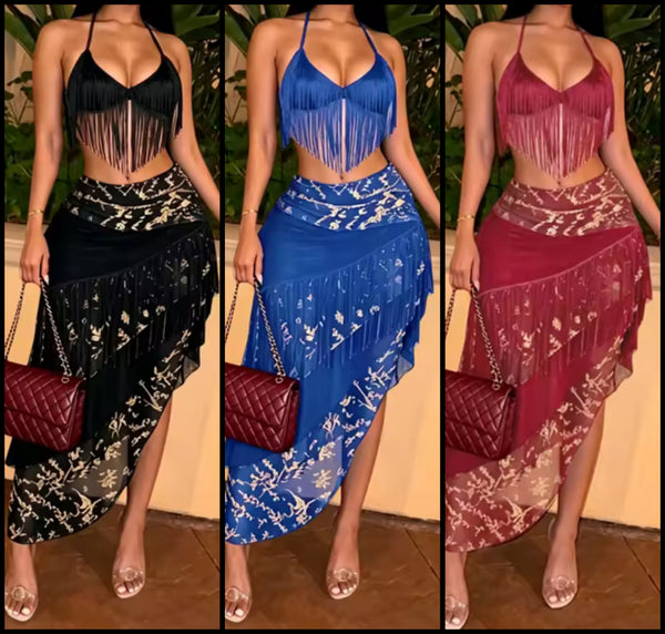 Women Sexy Halter Sleeveless Printed Tassel Two Piece Skirt Set