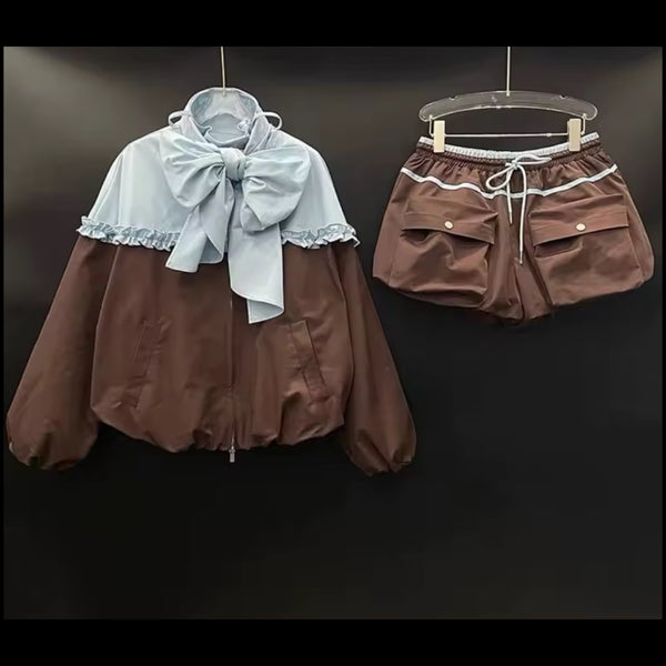 Women Color Patchwork Bow Jacket Two Piece Short Set
