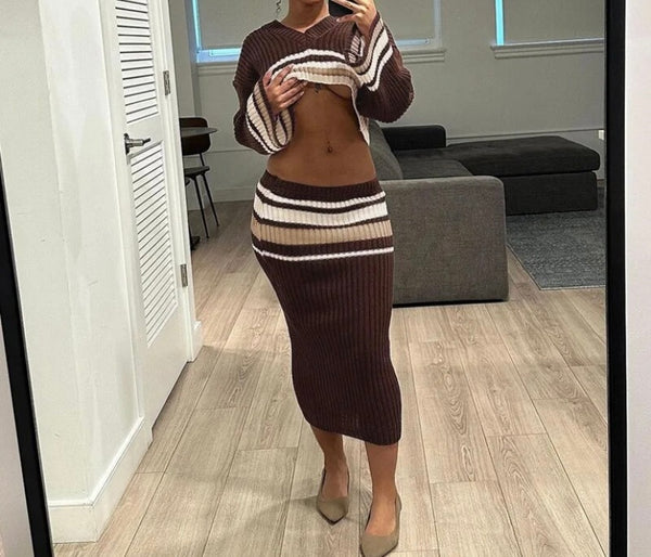 Women Striped Full Sleeve Ribbed Two Piece Maxi Skirt Set